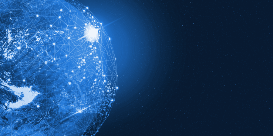 A digital illustration of Earth seen from space, with glowing network lines and connection points spanning across the visible continents, representing global communication and technology. The background is dark blue with scattered stars.