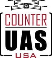 Logo with a graphic of a drone at the top, the words "COUNTER UAS" in bold letters below, and "USA" in smaller red letters at the bottom.