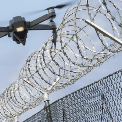 A drone with spinning propellers flies above barbed wire atop a tall chain-link fence, set against a partly cloudy sky.