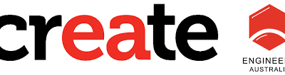 The word "create" in bold letters, with "cre" in black and "ate" in red. To the right is a red hexagonal logo and the text "ENGINEERS AUSTRALIA" underneath.