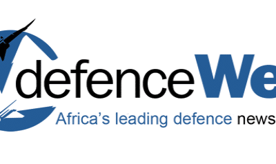 Logo for "defenceWeb" featuring a silhouette of a jet and radar graphic, with the tagline "Africa's leading defence news portal" in blue and black text.