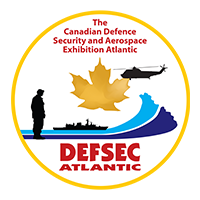Circular logo for DEFSEC Atlantic featuring a gold maple leaf, red text, a silhouetted soldier, navy ship, and helicopter, with blue waves. Text reads: "The Canadian Defence Security and Aerospace Exhibition Atlantic.
