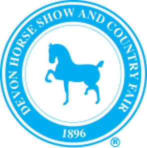 A blue circular logo with a silhouette of a horse in the center, surrounded by the text "Devon Horse Show and Country Fair" and "1896" at the bottom.