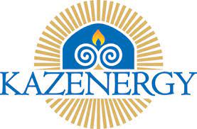 Kazenergy logo featuring a blue, gold, and white design with a stylized flame above two spirals, surrounded by radiating lines, and the word "KAZENERGY" in blue capital letters below.