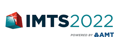 IMTS 2022 logo featuring a red and blue geometric cube with a starburst, bold text "IMTS 2022," and smaller text "Powered by AMT" with the AMT logo.