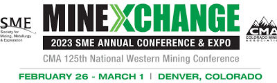 Banner for the 2023 SME Annual Conference & Expo, titled "MINEXCHANGE," held February 26–March 1 in Denver, Colorado, in partnership with CMA 125th National Western Mining Conference. SME and CMA logos are shown.