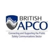 Logo for British APCO, featuring a blue shield with white signal waves and people icons, with the text "BRITISH APCO: Connecting and Supporting the Public Safety Communications Sector.