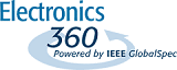 Logo for Electronics 360, featuring blue text with a circular arrow graphic and the tagline "Powered by IEEE GlobalSpec" underneath.