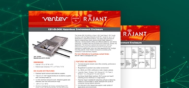 Two product information sheets for the Rajant and Ventev hazardous environment enclosure are shown, featuring product images, specifications, and descriptions, set against a green background with network-like lines and dots.