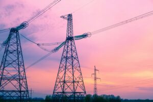 High-voltage power lines and steel transmission towers are silhouetted against a vibrant pink and purple sunset sky over a landscape with distant trees.