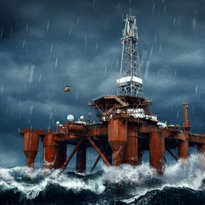 An offshore oil rig stands amid rough ocean waves and heavy rain, with dark storm clouds overhead. Lightning strikes in the distance and a helicopter approaches the rig through the stormy sky.