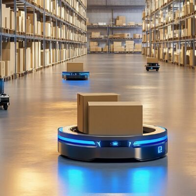 Autonomous robots with blue lights transport cardboard boxes through a spacious warehouse, surrounded by tall shelves stacked with more boxes. The environment appears modern and organized.