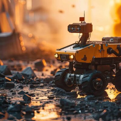 A small yellow robot with large wheels and a camera on top navigates a debris-strewn, wet ground in an industrial setting, with bright orange light and flames in the background.