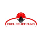 Logo of Fuel Relief Fund featuring a black fuel drop in front of a red globe outline, with red curved lines and the text "FUEL RELIEF FUND" in red capital letters below the design.