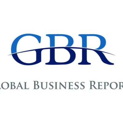 Logo for Global Business Reports. Large blue letters "GBR" with a curved line crossing through them, and “Global Business Reports” written below in gray capital letters. The background is white.