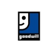 The Goodwill logo features a stylized smiling face in black and white within a blue square, above the word "goodwill" in lowercase letters on a white background.