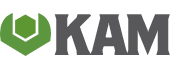 Green geometric hexagon logo with a partial chevron below it, next to the bold, gray letters "KAM" on a light background.