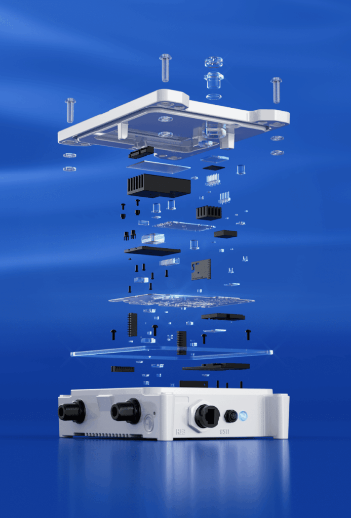 An electronic device shown in a detailed exploded view, with all internal components, screws, and circuit boards separated and floating in layers against a blue background.