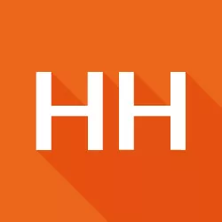 White capital letters "HH" centered on an orange background with a long shadow effect extending to the lower right.