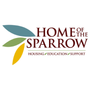 Logo for "Home of the Sparrow" featuring three leaves in blue, green, and yellow on the left. The text reads "Home of the Sparrow" with "Housing, Education, Support" below.