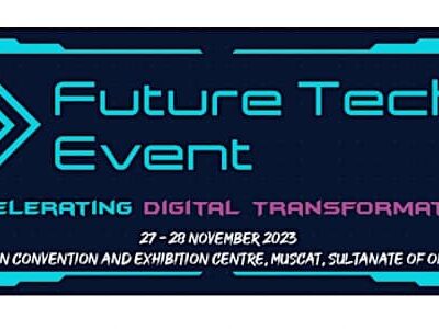 Banner for Future Tech Event, themed "Accelerating Digital Transformation," held on 27-28 November 2023 at Oman Convention and Exhibition Centre, Muscat, Sultanate of Oman. Text is in blue and purple on a dark background.