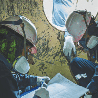 Two workers wearing protective gear, including helmets and respirators, are examining documents inside an industrial setting near a circular window. They appear focused and engaged in discussion or inspection.