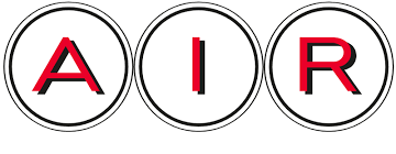 Three black-outlined circles stand side by side, each containing a bold, uppercase letter. From left to right, the letters are "A," "I," and "R," with the letters colored red and slightly shadowed in black.