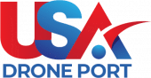 Logo with bold letters "USA" in red and blue, stylized with a swoosh and dot forming an abstract drone. Below, the words "DRONE PORT" appear in blue capital letters.