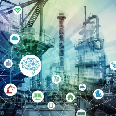 A digital collage showing an industrial plant with various interconnected technology icons representing the Internet of Things, automation, cloud computing, and smart industry concepts overlaid on the scene.