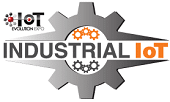 Logo for Industrial IoT featuring a large gray gear with the words "INDUSTRIAL IoT" across it. The "IoT" text is orange, and small orange gears appear above the text. The IoT Evolution Expo logo is in the top left corner.