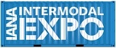 Blue shipping container graphic with white bold text reading "IANA INTERMODAL EXPO.