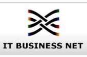 Logo with black interwoven lines accented by red, green, blue, and yellow at the ends, above the text "IT BUSINESS NET" in bold, black capital letters on a white background.