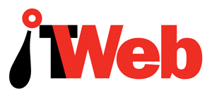 The image shows the "ITWeb" logo. The letter "I" is black with a red dot and droplet shape, the "T" is bold black, and "Web" is bold red. The text has a white outline with a shadow.