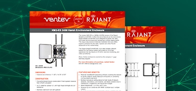 Two product information sheets featuring Ventev and Rajant logos show technical details and images of a harsh environment enclosure device against a green, tech-themed background.