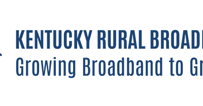 Logo of the Kentucky Rural Broadband Association with a stylized blue and yellow sunrise over lines representing broadband connections and the text, “Growing Broadband to Grow Kentucky.”.
