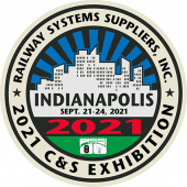 Circular logo for the 2021 C&S Exhibition by Railway Systems Suppliers, Inc., featuring the Indianapolis skyline, event dates (Sept. 21-24, 2021), and text highlighting Indianapolis and 2021 in bold red.
