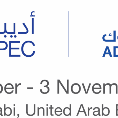 ADIPEC and ADNOC logos with Arabic text, event dates "31 October - 3 November 2022," and location "Abu Dhabi, United Arab Emirates." ADNOC is shown as the host.