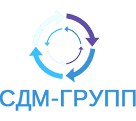 Logo with four blue and purple arrows forming a circle above the Russian text "СДМ-ГРУПП" in blue. The background is light gray.