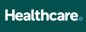 White text reading “Healthcare” with a small blue dot at the end, set against a dark green background.