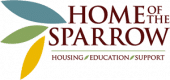 Logo for "Home of the Sparrow" featuring stylized leaf shapes in green, yellow, and blue, with the tagline "Housing | Education | Support" underneath the organization’s name.
