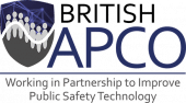 British APCO logo with a shield graphic featuring people and signal waves, and the slogan “Working in Partnership to Improve Public Safety Technology” beneath the organization’s name.