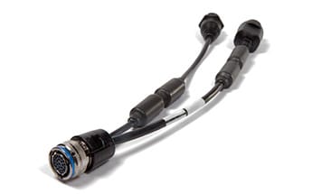 A black wiring harness with a multi-pin circular connector on one end and two separate cables extending from it, each ending in cylindrical connectors.