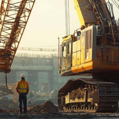 A construction worker wearing a helmet and safety vest stands near large yellow excavators and cranes at an active construction site during daylight.