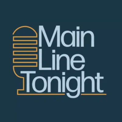 Logo with a stylized microphone and the words "Main Line Tonight" in light blue text on a dark blue background. The microphone outline is orange, and "Tonight" is underlined in orange.