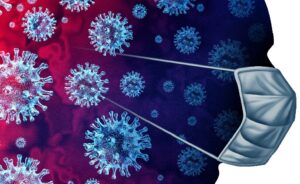 Illustration of viruses surrounded by a red and blue background, with a large virus particle wearing a medical face mask, symbolizing protection against viral infections.
