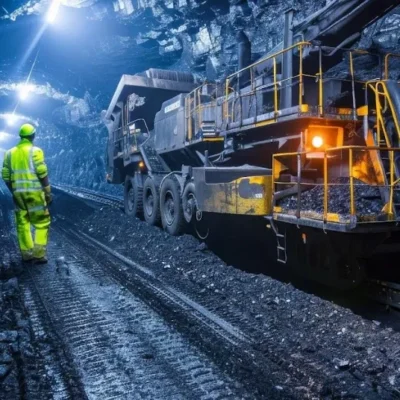 A worker in high-visibility clothing walks through a dimly lit underground mine tunnel beside large industrial mining equipment surrounded by rocky walls and tracks.