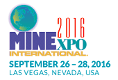 Logo for MINExpo International 2016 with a globe graphic. Event dates are September 26–28, 2016, and location is Las Vegas, Nevada, USA. Text appears in purple, blue, gold, red, and green.