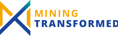 Logo with a yellow and teal geometric design on the left and the words "MINING TRANSFORMED" in yellow and blue text on the right.