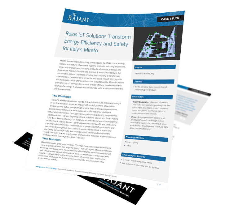 A case study document for Rajant IoT Solutions features text, blue headings, and a diagram. The report highlights improved energy efficiency and safety for Italy’s Mirato, with company and solution details on the right.