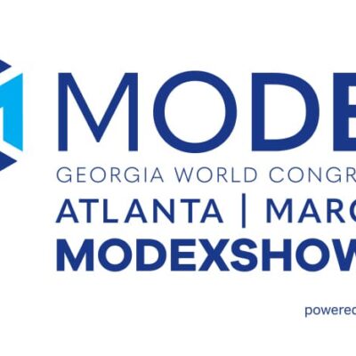 Logo for MODEX 2024 with text: "Georgia World Congress Center, Atlanta, March 11-14, modexshow.com." Includes the MODEX logo and "powered by MHI" with a star icon.